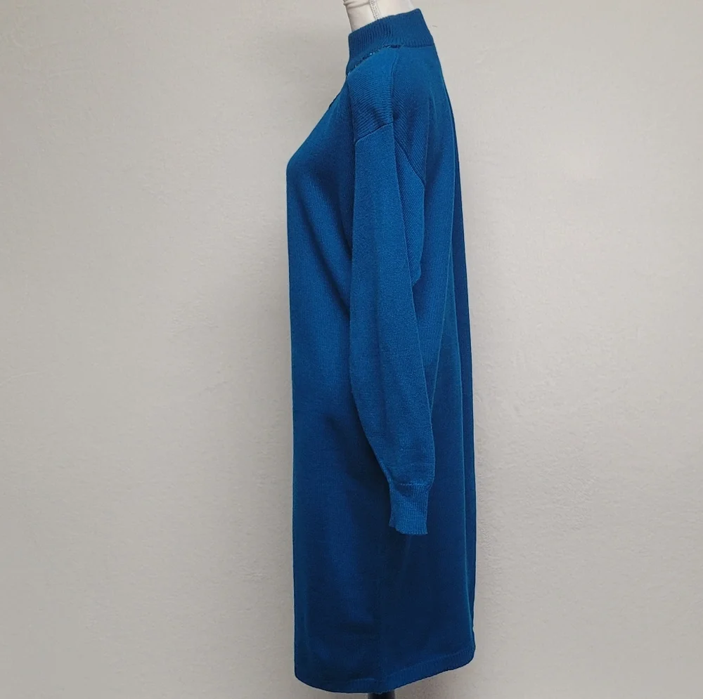 Deadstock Vintage 70s Darian Teal Sequin Starburst Mockneck Midi Sweater Dress M - Picture 6 of 12